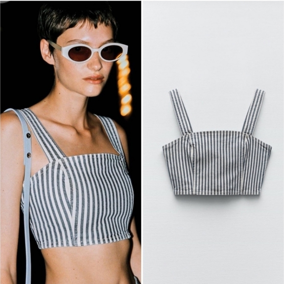 Zara Tops - ZARA Thick Strap Striped Denim Crop Top